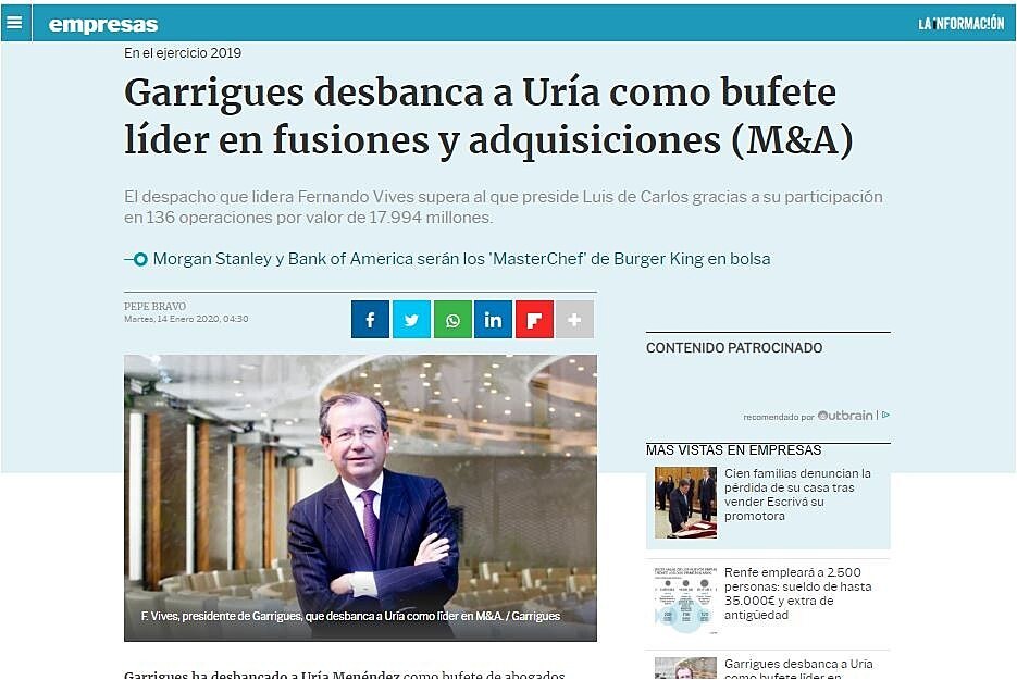 Garrigues desbanca a Ura como bufete lder en fusiones y adquisiciones (M&A)